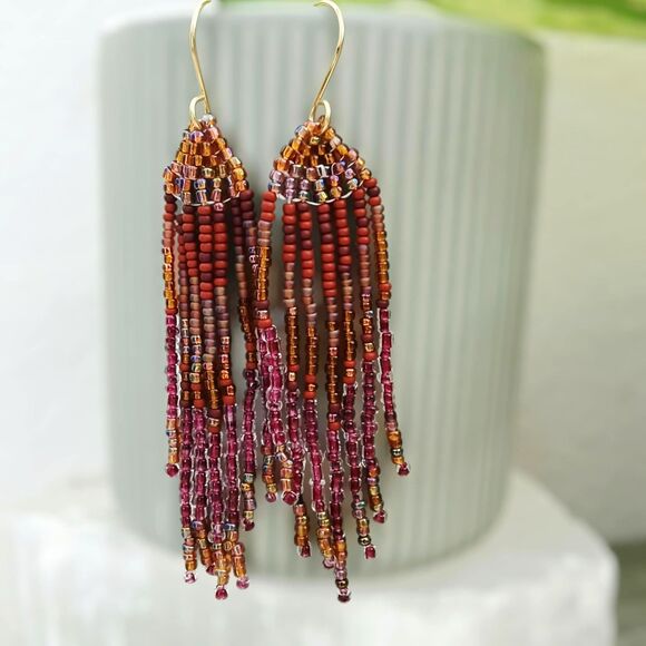 Boho Chic Seed Bead Fringe Tassel Dangle Earrings, Artisan Handmade 3.5" - Picture 1 of 6